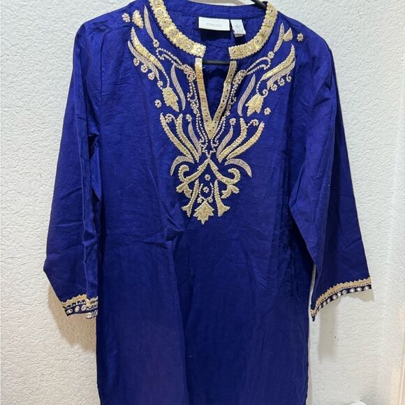 Chicos Top 1M Gold Beaded Embroidered Polka Dot Embellished Statement Boho Gypsy - Picture 2 of 7